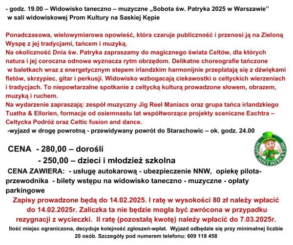 WYCIECZKA DO  WARSZAWY Z OKAZJI  DNIA ŚW. PATRYKA 15.03.2025 (SOBOTA) - obrazek 4